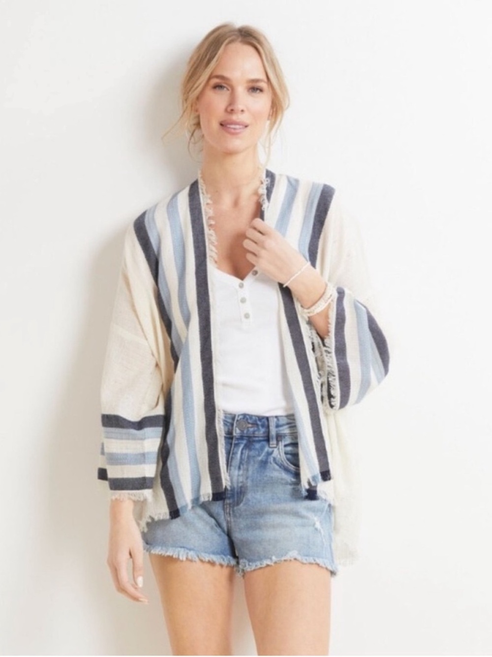 Michael Stars Bea Striped Wrap Kimono | Cream Blue Navy | OS